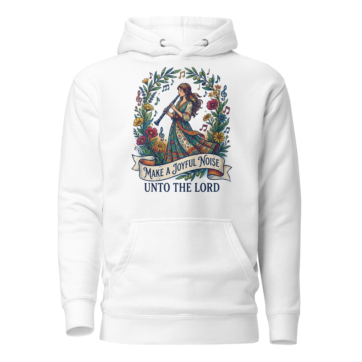 Make a Joyful Noise unto the Lord Christian Premium Hoodie celebrating clarinet players