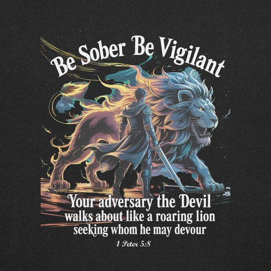 Be Sober Be Vigilant Lion (Back) Christian Bible Verse T-Shirt