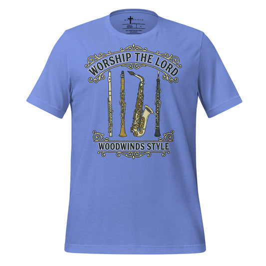 Worship the Lord Woodwinds Style Christian T-shirt celebrating clarinet, flute, saxophone and oboe players.