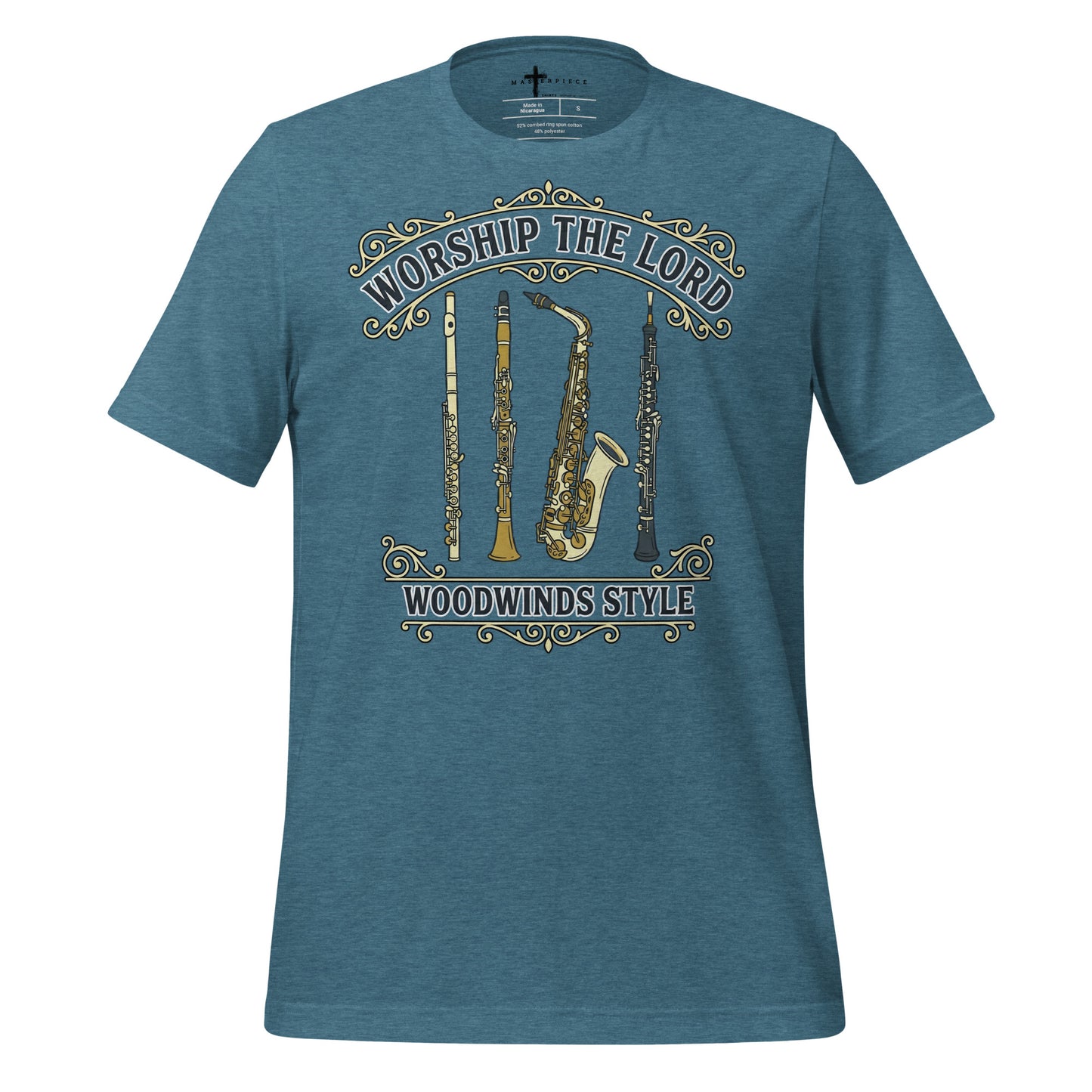 Worship the Lord Woodwinds Style Christian T-shirt celebrating clarinet, flute, saxophone and oboe players.