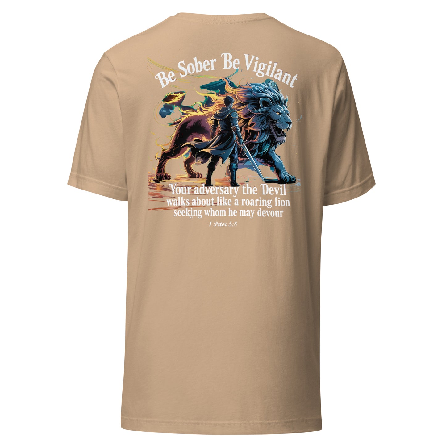 Be Sober Be Vigilant Lion (Back) Christian Bible Verse T-Shirt