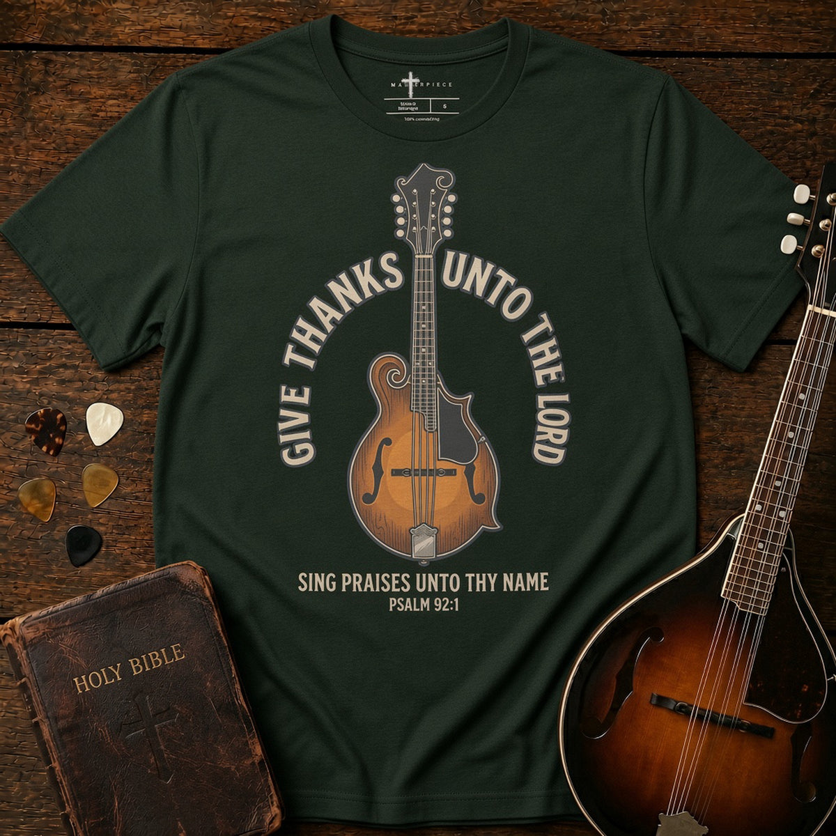 Give Thanks Unto The Lord Mandolin Heather Emerald MasterPiece Shirts
