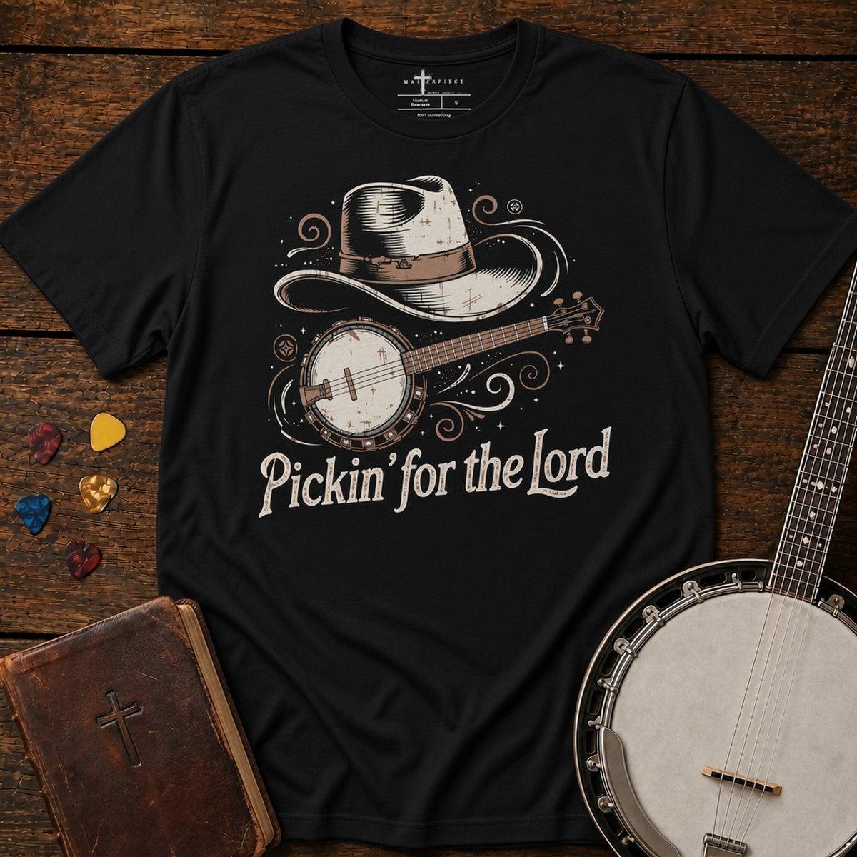 Pickin for the Lord Banjo Black MasterPiece Shirts