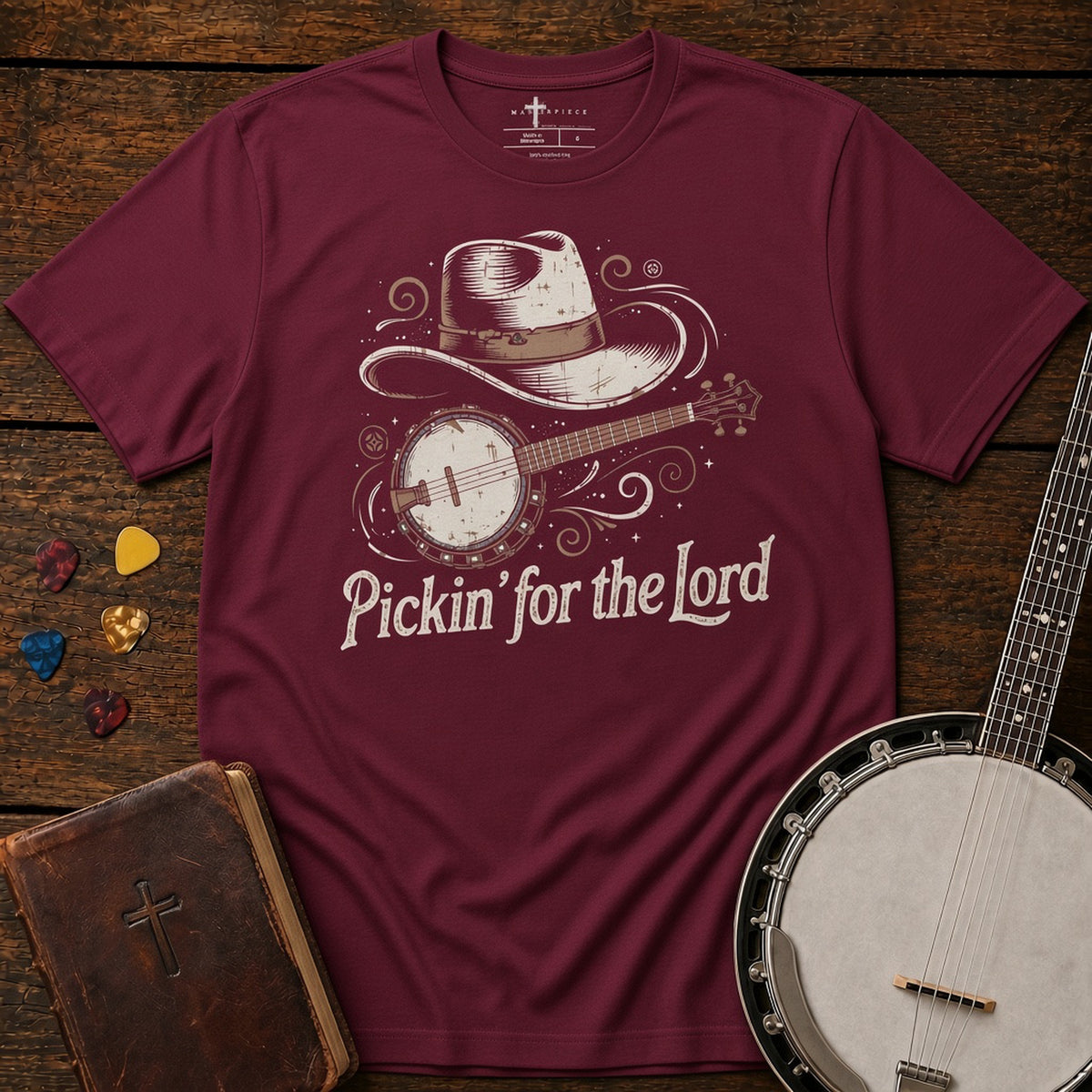Pickin for the Lord Banjo Maroon MasterPiece Shirts