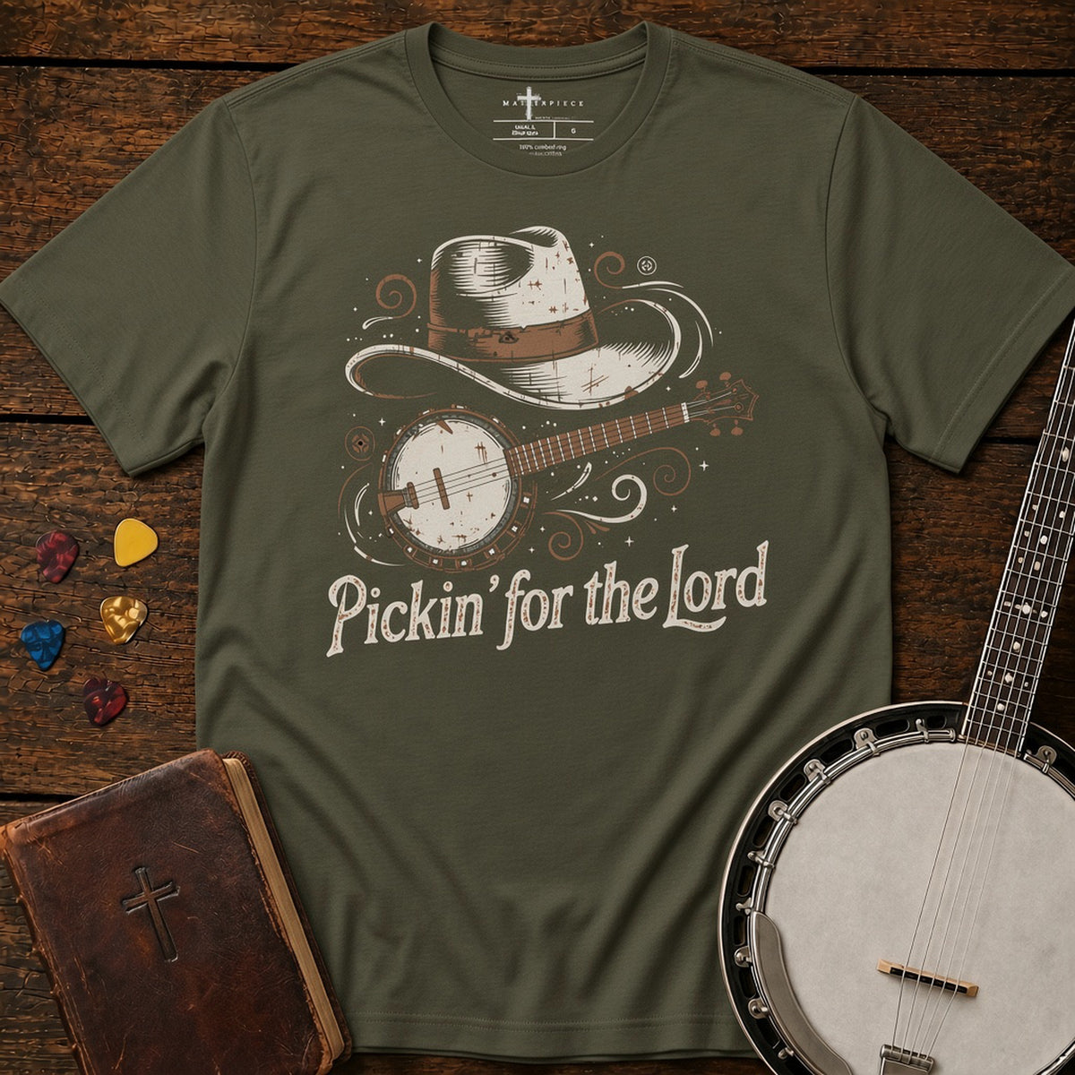Pickin for the Lord Banjo Military Green MasterPiece Shirts