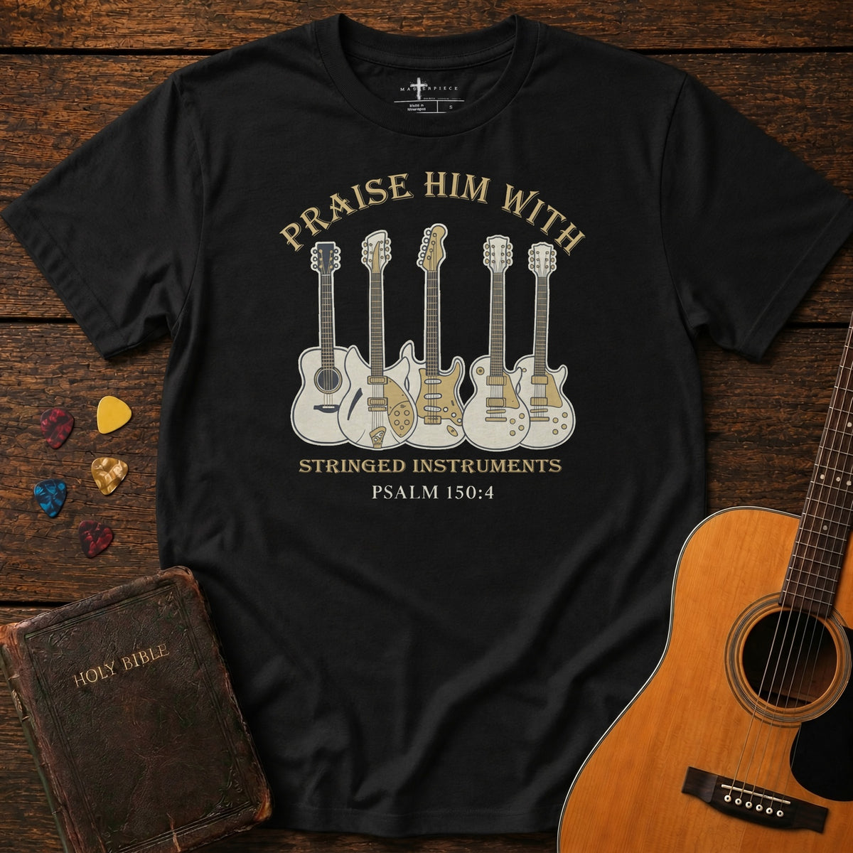 Praise Him With Stringed 5 Guitars Black MasterPiece Shirts
