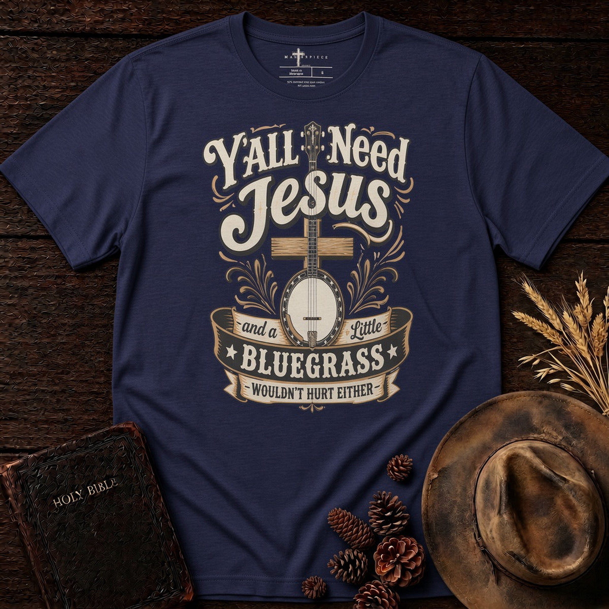 Y'all Need Jesus and a little Bluegrass Heather Midnight Navy MasterPiece Shirts