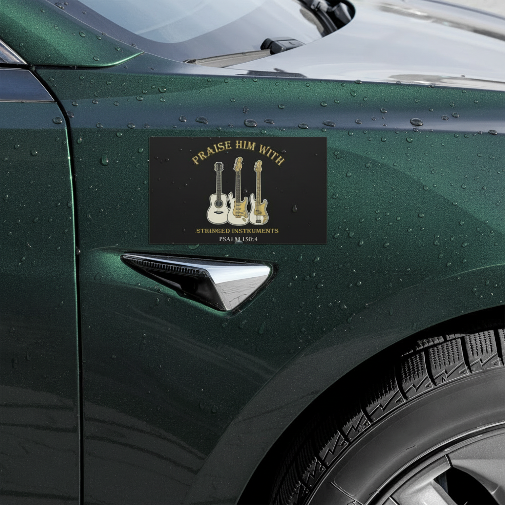 Car door with a sticker featuring guitars and text on a black background