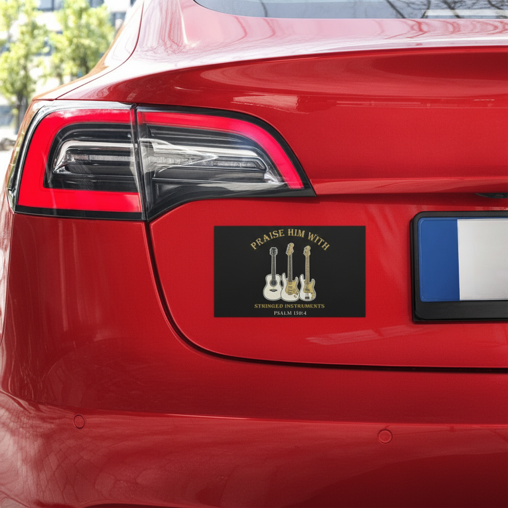 Car rear with a 'Praise Him With Strumming Instruments' sticker