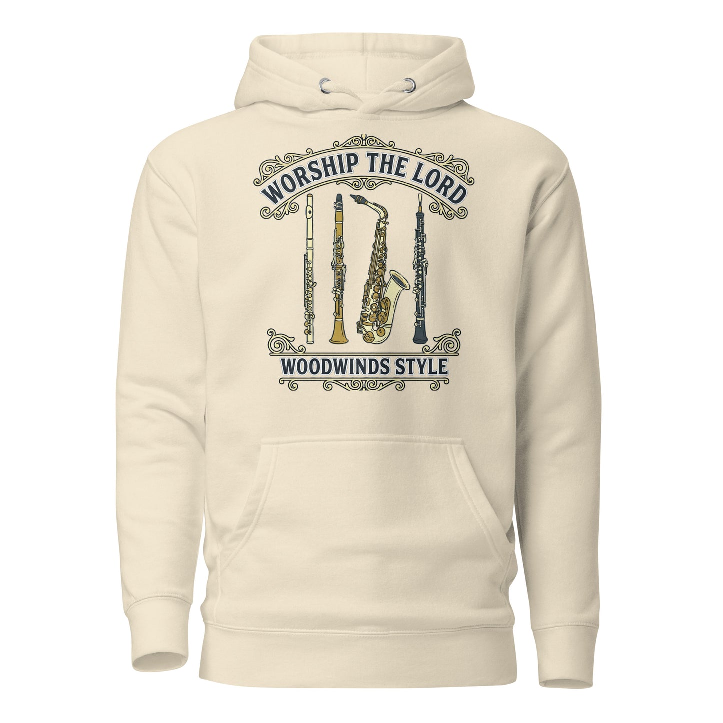 Worship the Lord Woodwinds Style Christian Premium Hoodie celebrating clarinet, flute, saxophone and oboe players