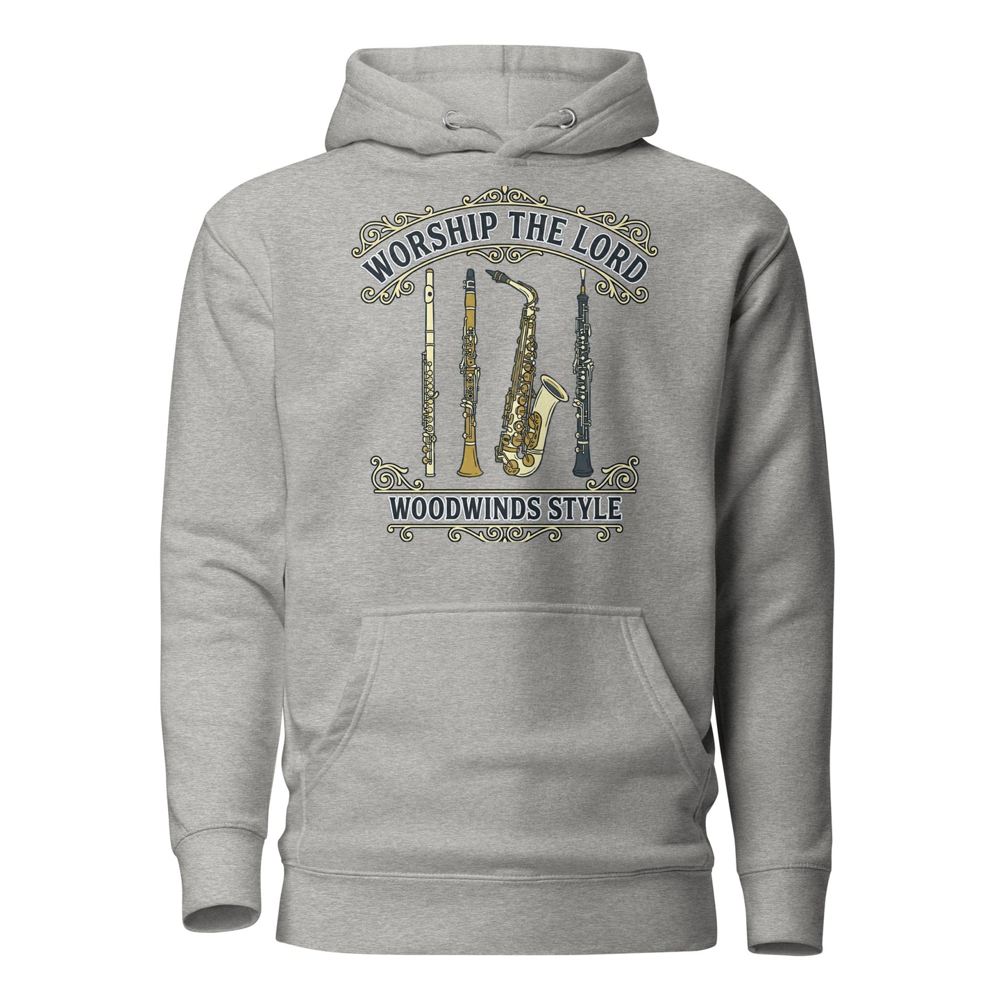 Worship the Lord Woodwinds Style Christian Premium Hoodie celebrating clarinet, flute, saxophone and oboe players