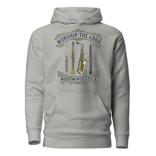 Worship the Lord Woodwinds Style Christian Premium Hoodie celebrating clarinet, flute, saxophone and oboe players