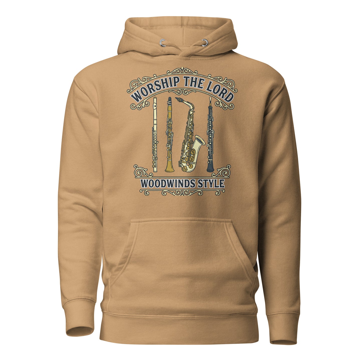 Worship the Lord Woodwinds Style Christian Premium Hoodie celebrating clarinet, flute, saxophone and oboe players