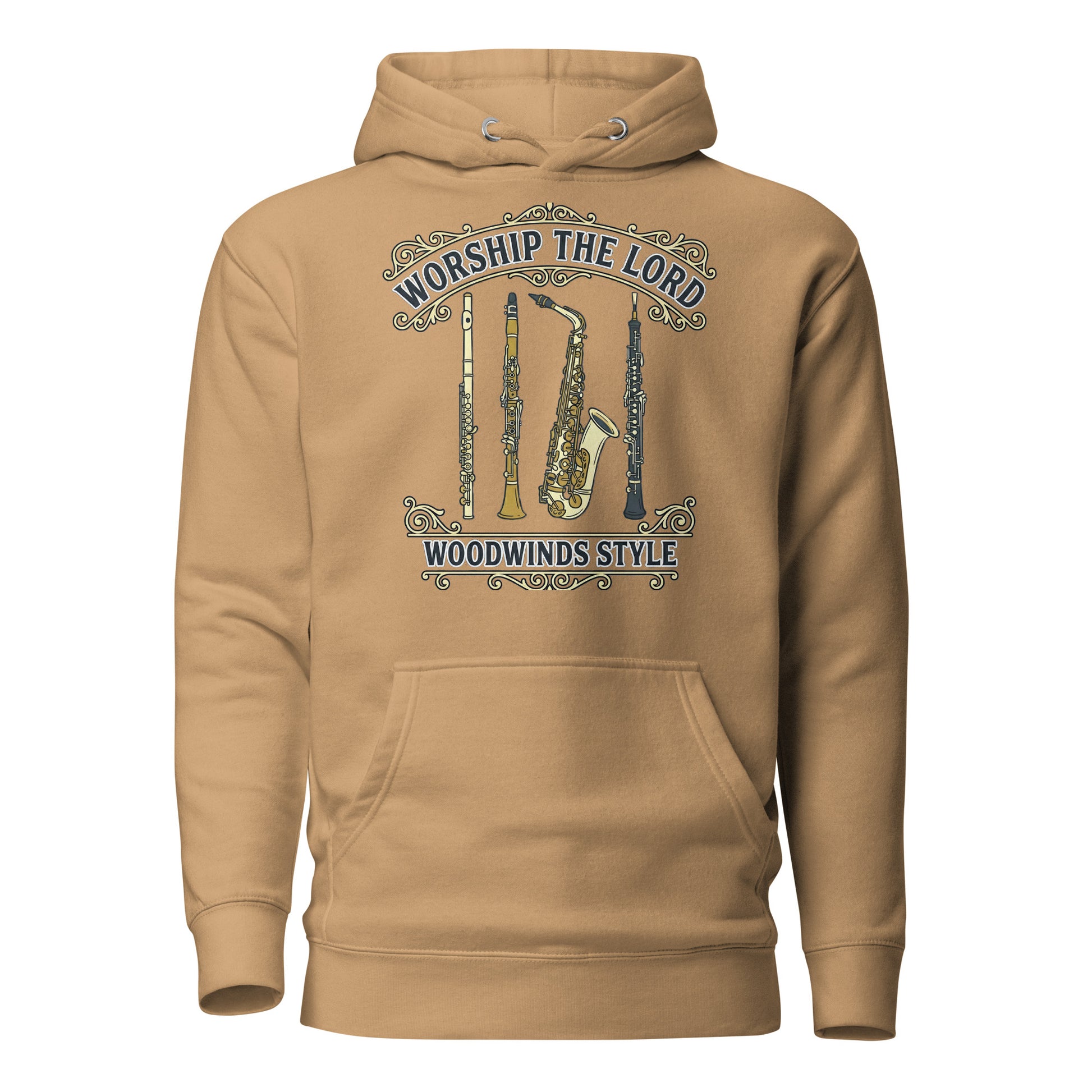 Worship the Lord Woodwinds Style Christian Premium Hoodie celebrating clarinet, flute, saxophone and oboe players
