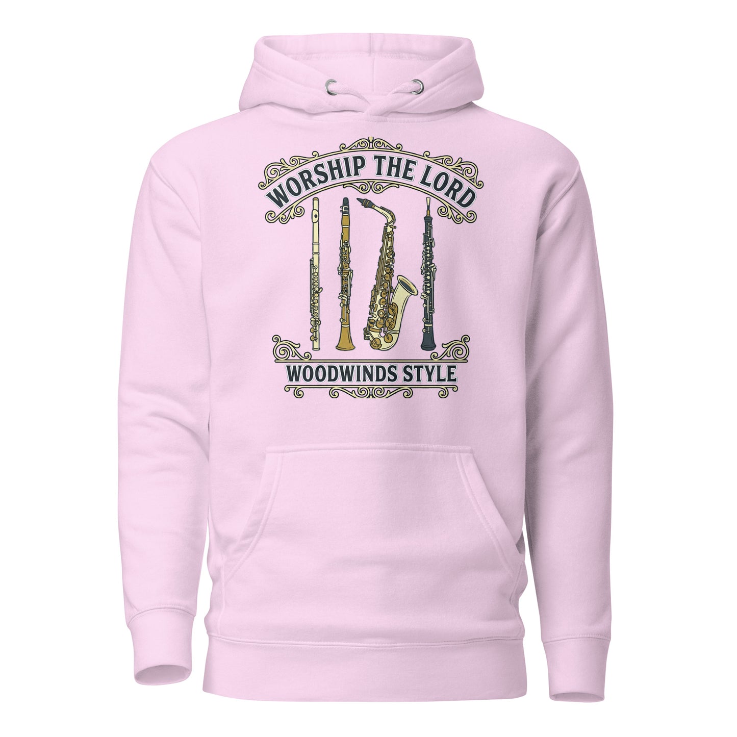 Worship the Lord Woodwinds Style Christian Premium Hoodie celebrating clarinet, flute, saxophone and oboe players