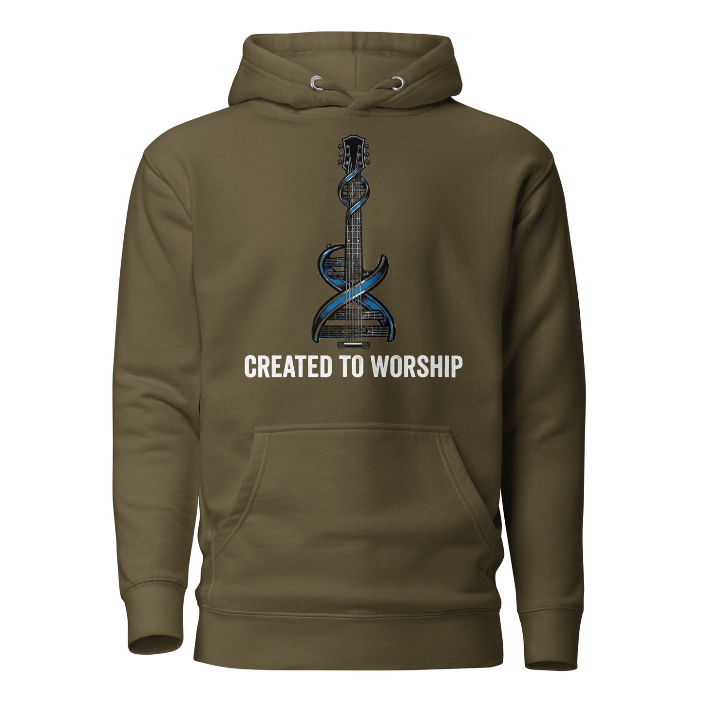Created to Worship Christian Premium Hoodie featuring electric guitar and DNA