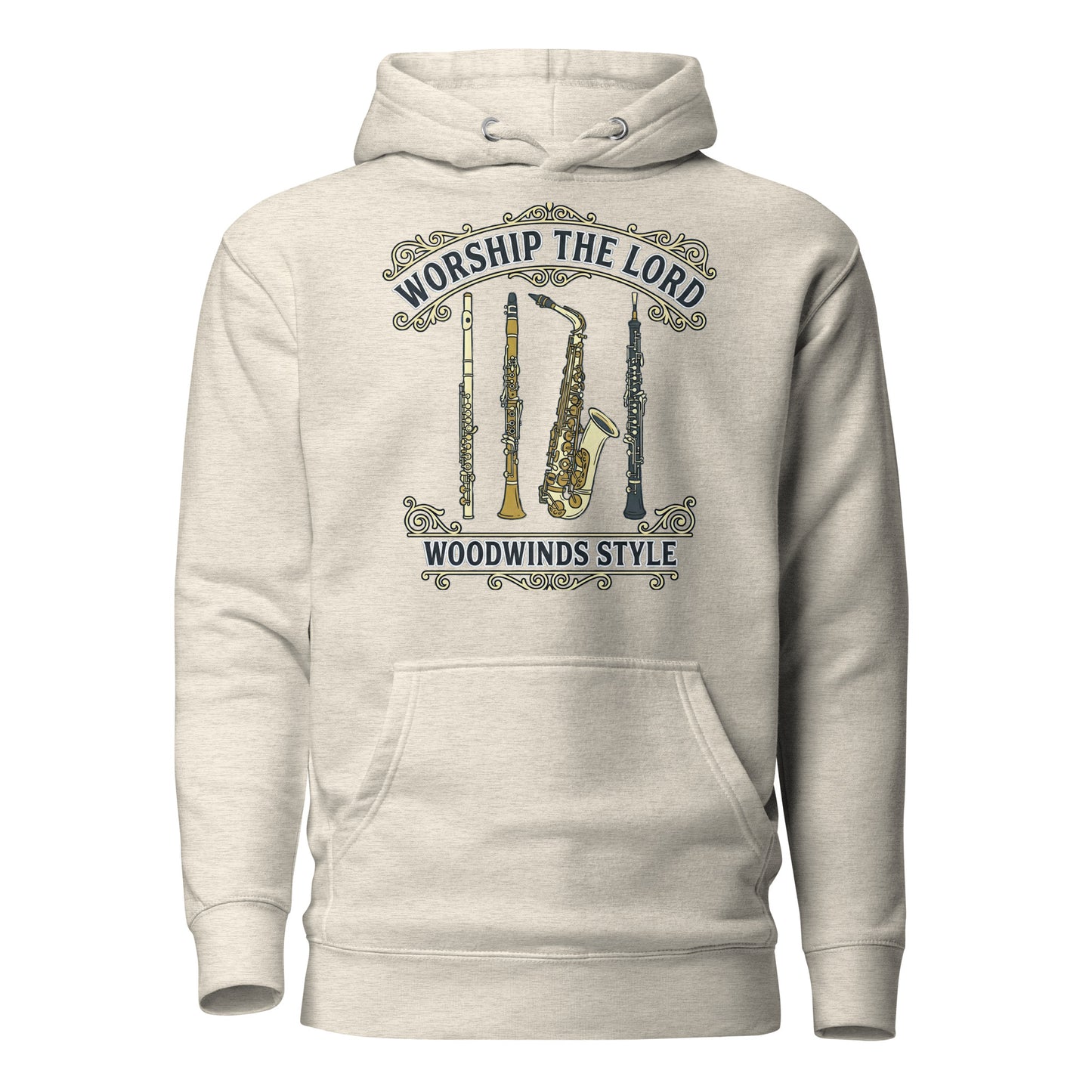 Worship the Lord Woodwinds Style Christian Premium Hoodie celebrating clarinet, flute, saxophone and oboe players