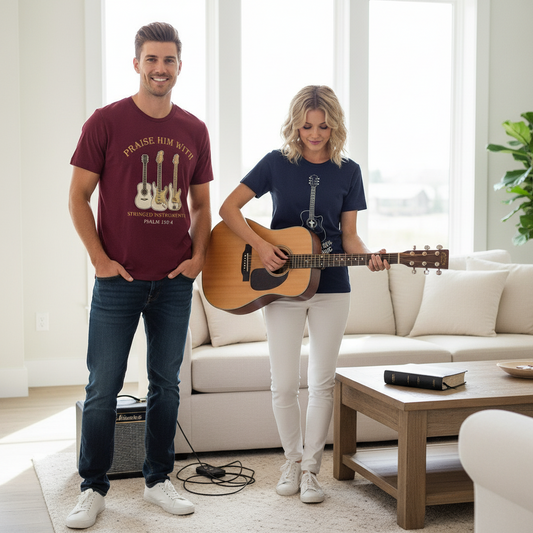 Man and woman in a living room with man wearing a Christian Music -shirt with guitar designs and woman holding an acoustic guitar Psalm 150:4