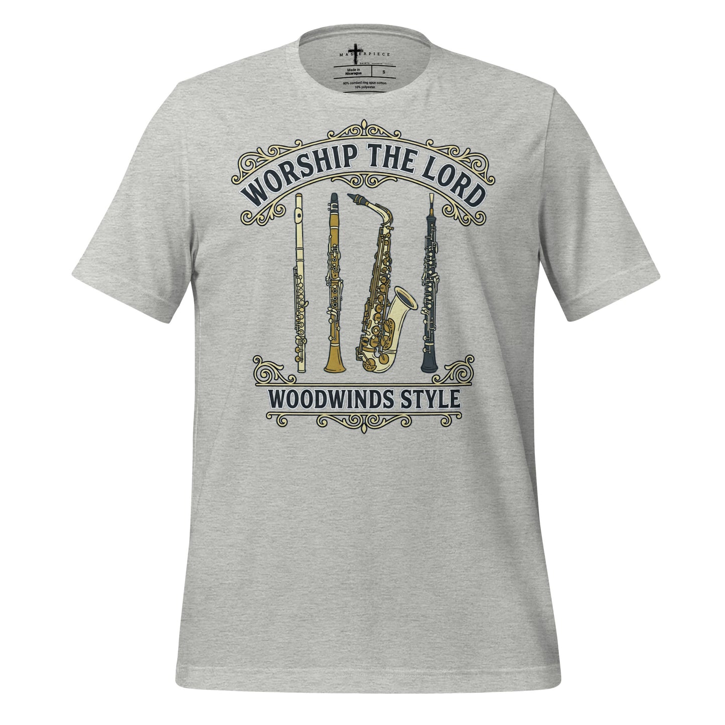 Worship the Lord Woodwinds Style Christian T-shirt celebrating clarinet, flute, saxophone and oboe players.