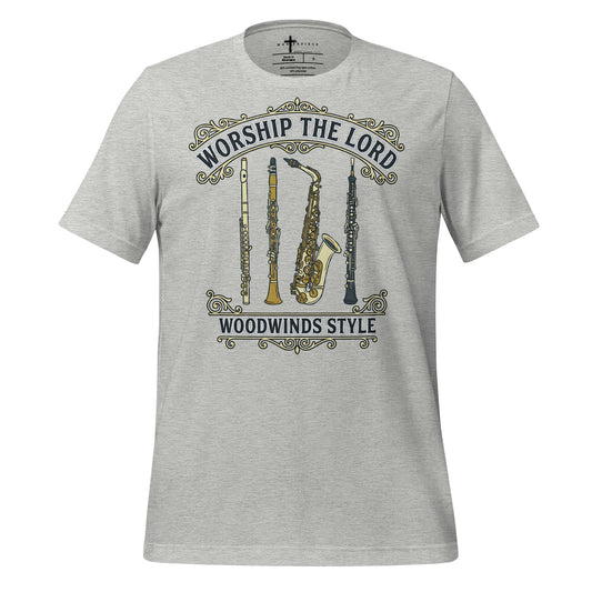 Worship the Lord Woodwinds Style Christian T-shirt celebrating clarinet, flute, saxophone and oboe players.