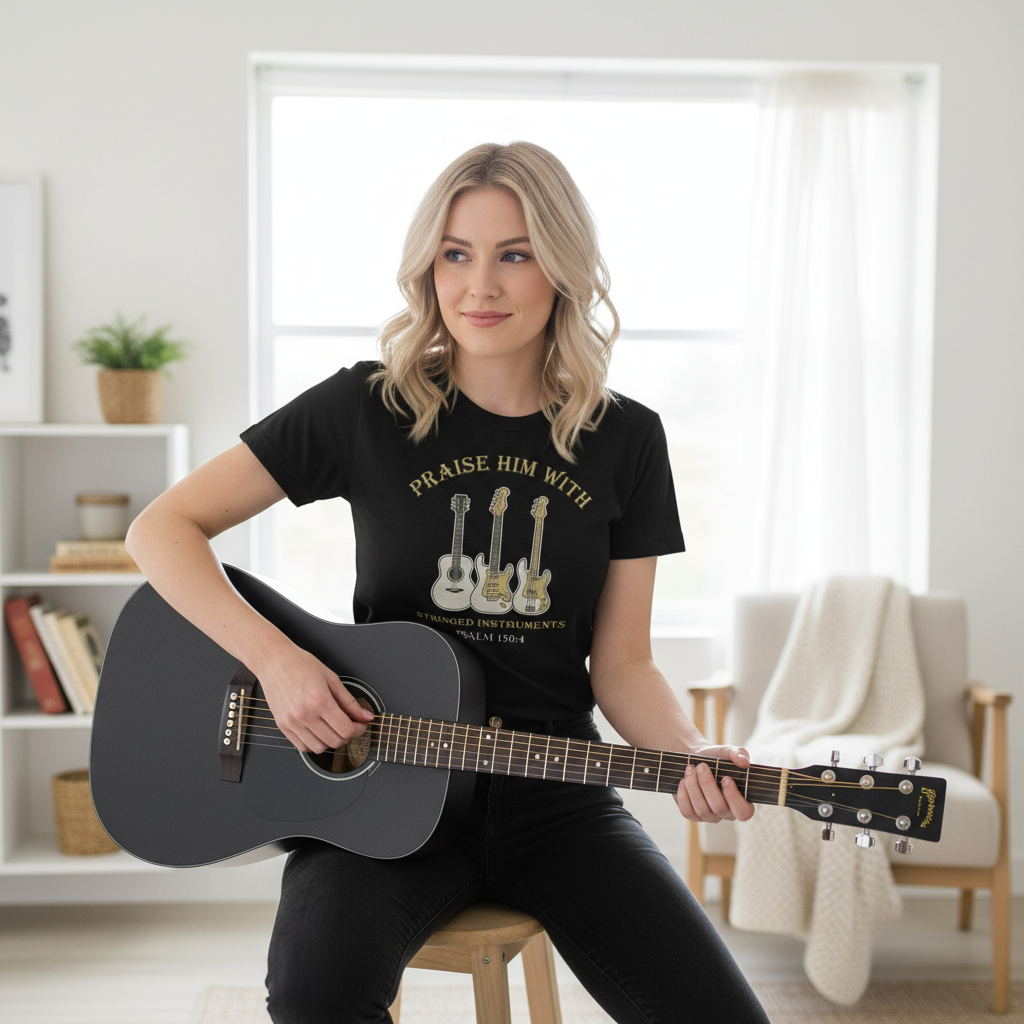 Woman holding a guitar and wearing a black t-shirt with graphic design in a bright room.