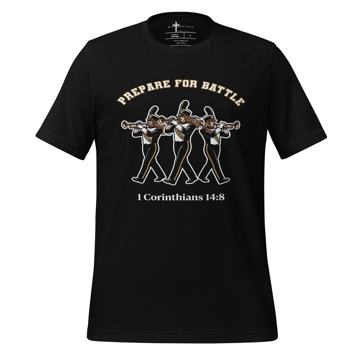  1 Corinthians 14:8 Womens Christian T-shirt celebrating trumpet players and marching band musicians.