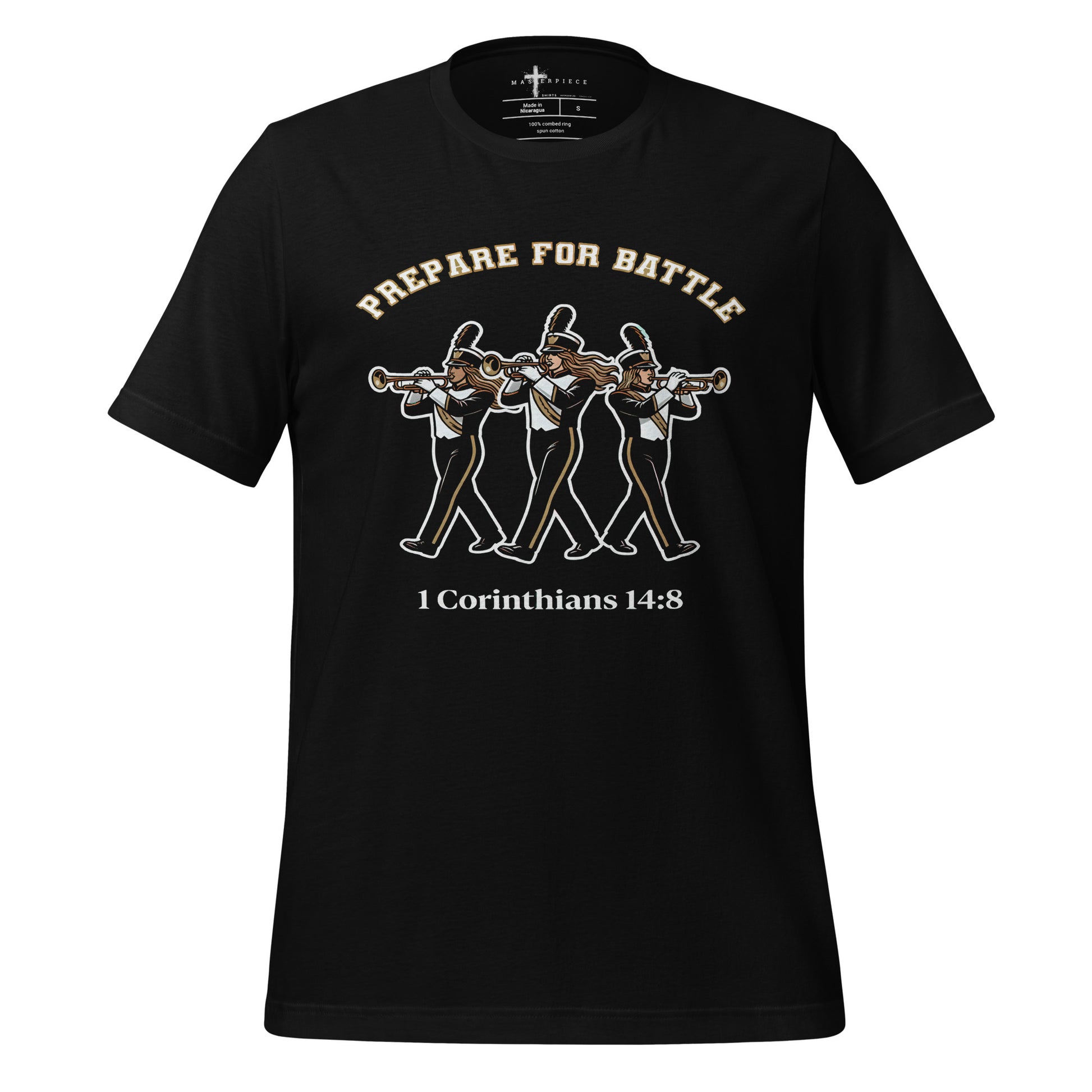 1 Corinthians 14:8 Womens Christian T-shirt celebrating trumpet players and marching band musicians.