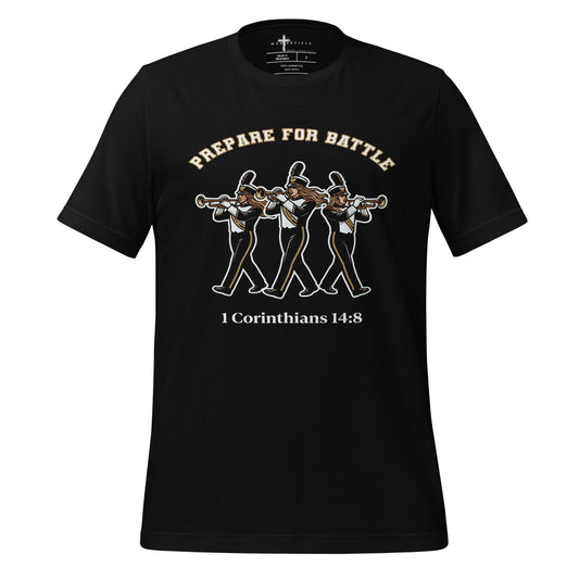  1 Corinthians 14:8 Womens Christian T-shirt celebrating trumpet players and marching band musicians.
