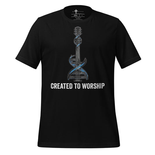  Created to Worship Christian T-shirt featuring electric guitar and DNA symbolism