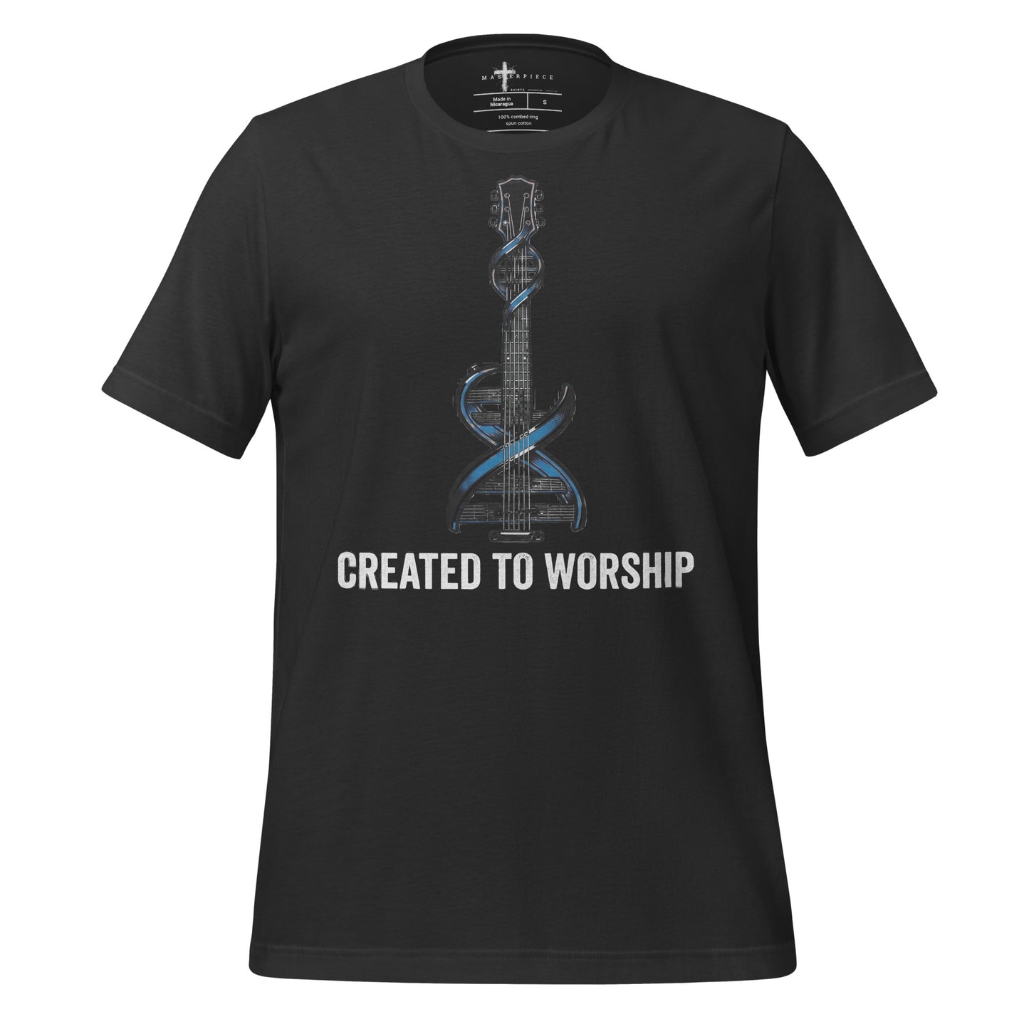  Created to Worship Christian T-shirt featuring electric guitar and DNA symbolism