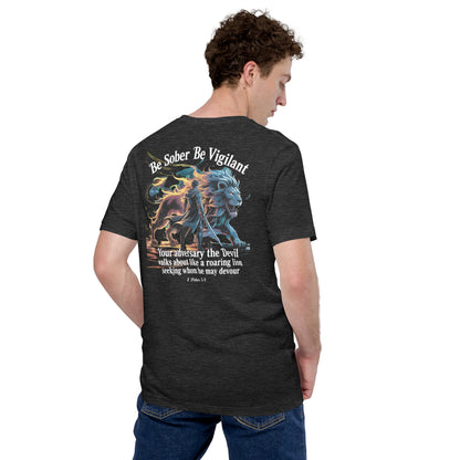 Be Sober Be Vigilant Lion (Back)  Christian Bible Verse T-Shirt