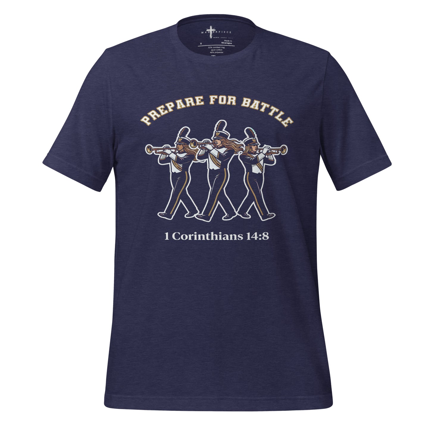  1 Corinthians 14:8 Womens Christian T-shirt celebrating trumpet players and marching band musicians.