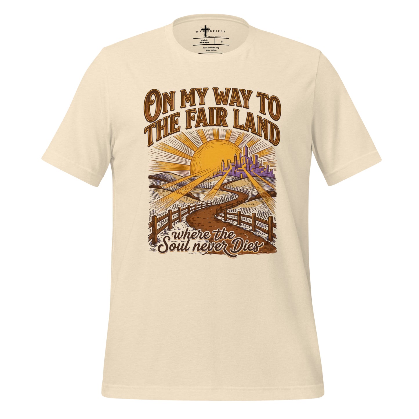 on My way to the Fair Land where the soul never dies Christian T-shirt celebrating the beloved bluegrass gospel classic.