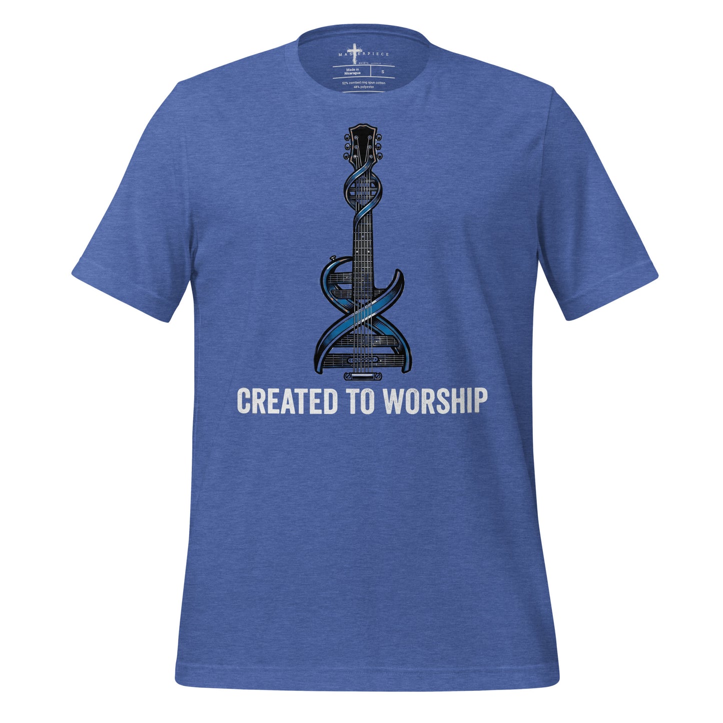  Created to Worship Christian T-shirt featuring electric guitar and DNA symbolism