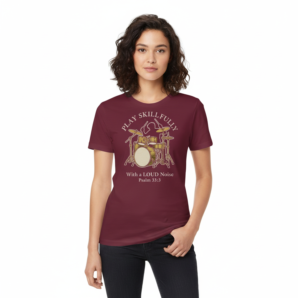 Sing unto him a new song; play skilfully with a loud noise." - Psalm 33:3 christian drum t-shirt