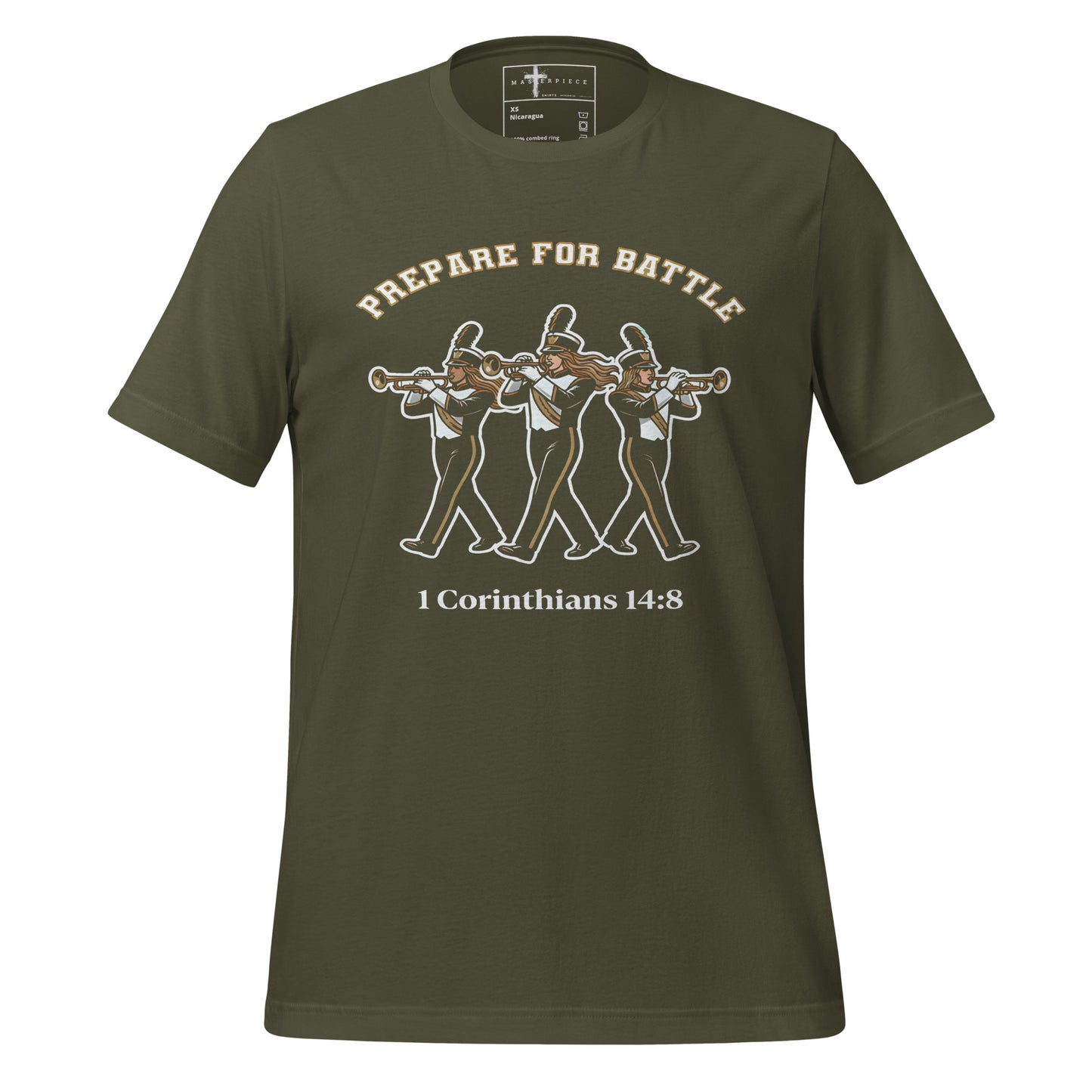  1 Corinthians 14:8 Womens Christian T-shirt celebrating trumpet players and marching band musicians.