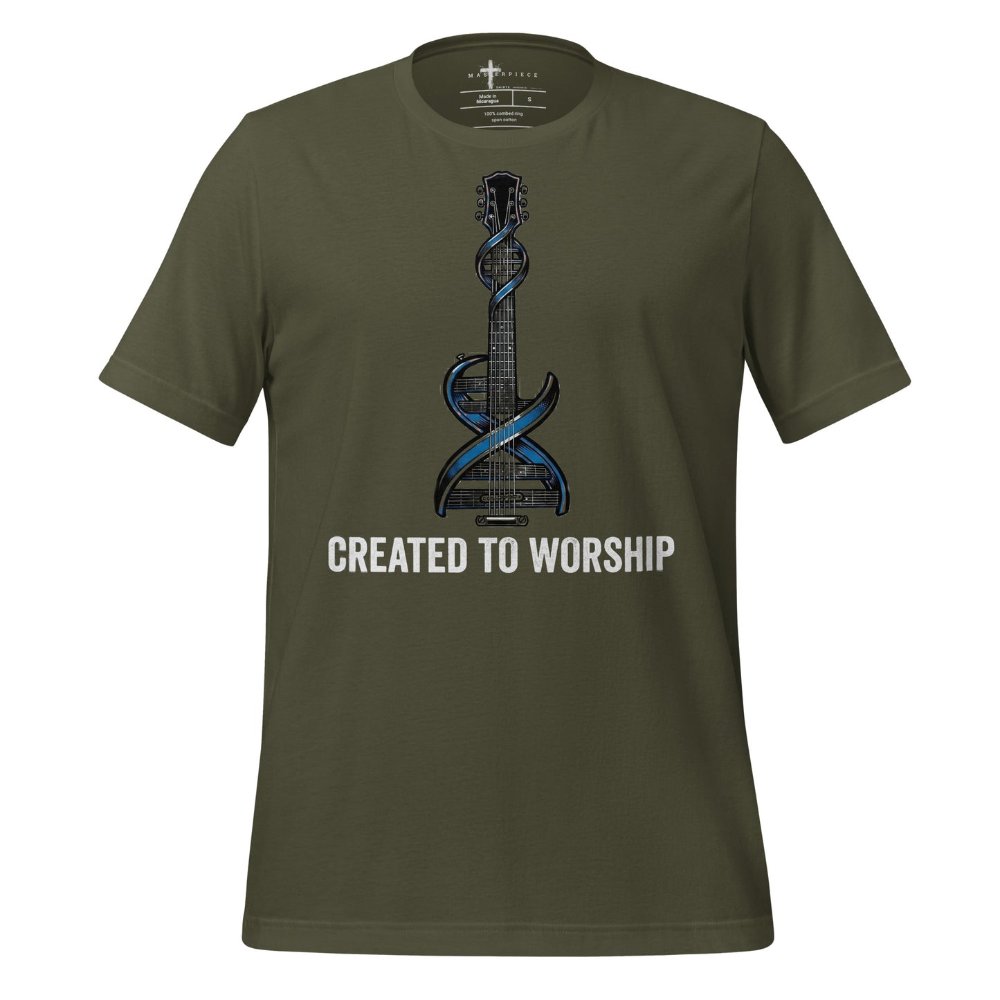  Created to Worship Christian T-shirt featuring electric guitar and DNA symbolism