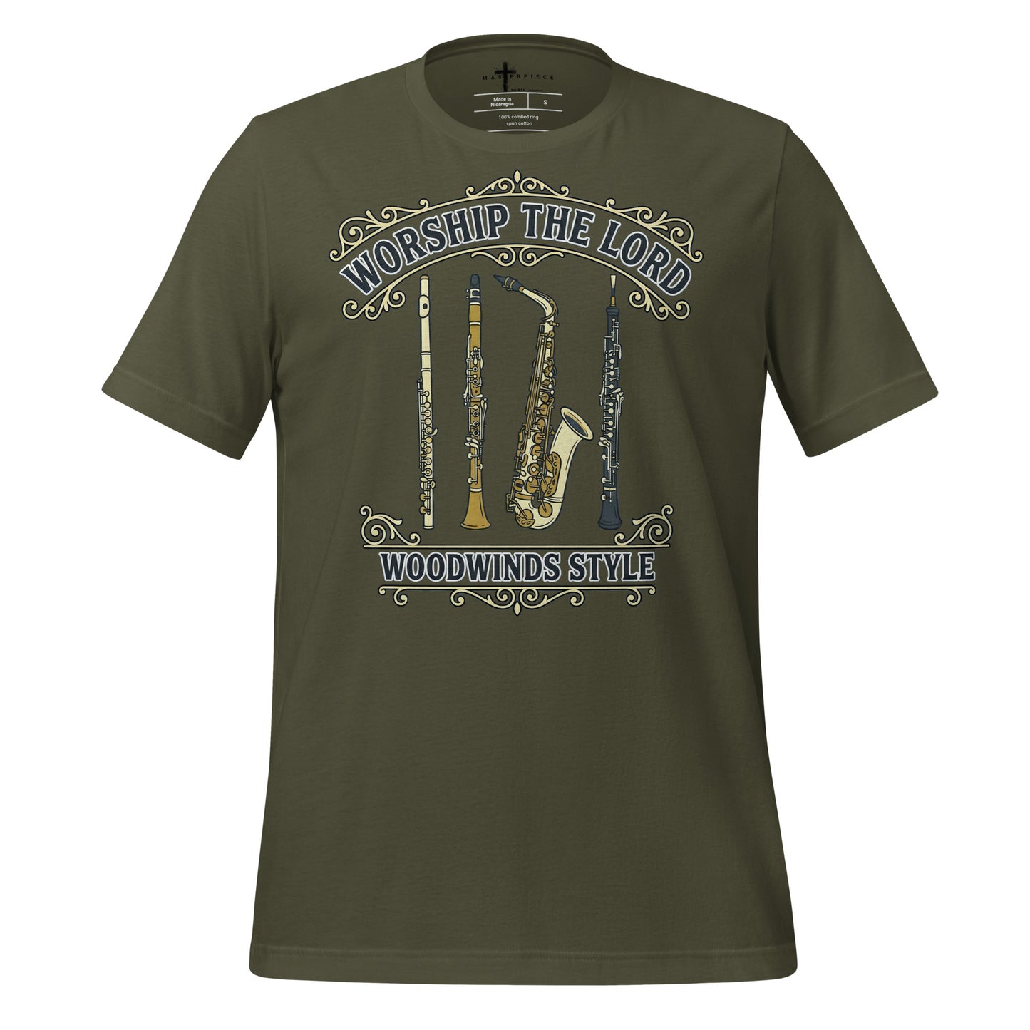 Worship the Lord Woodwinds Style Christian T-shirt celebrating clarinet, flute, saxophone and oboe players.