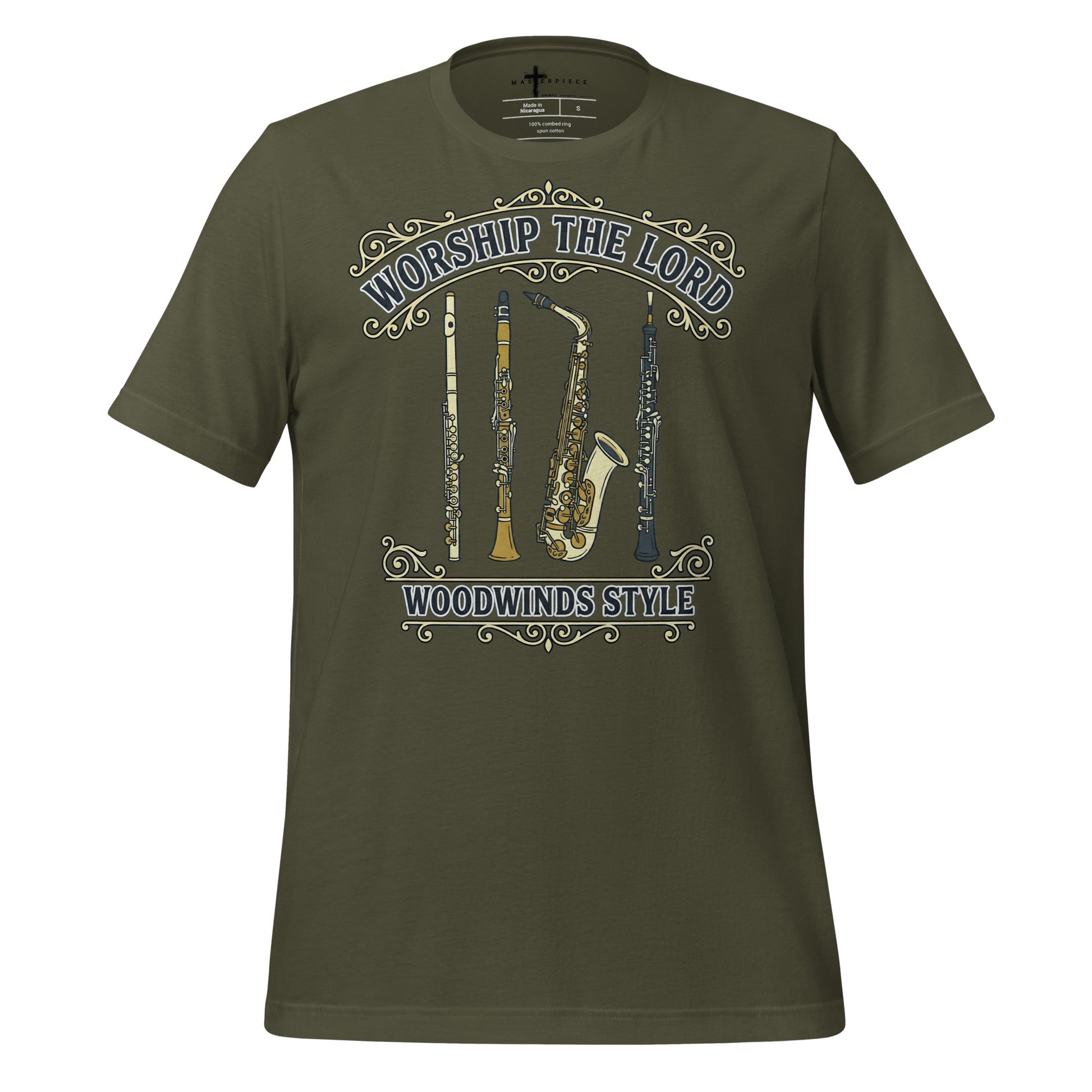 Worship the Lord Woodwinds Style Christian T-shirt celebrating clarinet, flute, saxophone and oboe players.