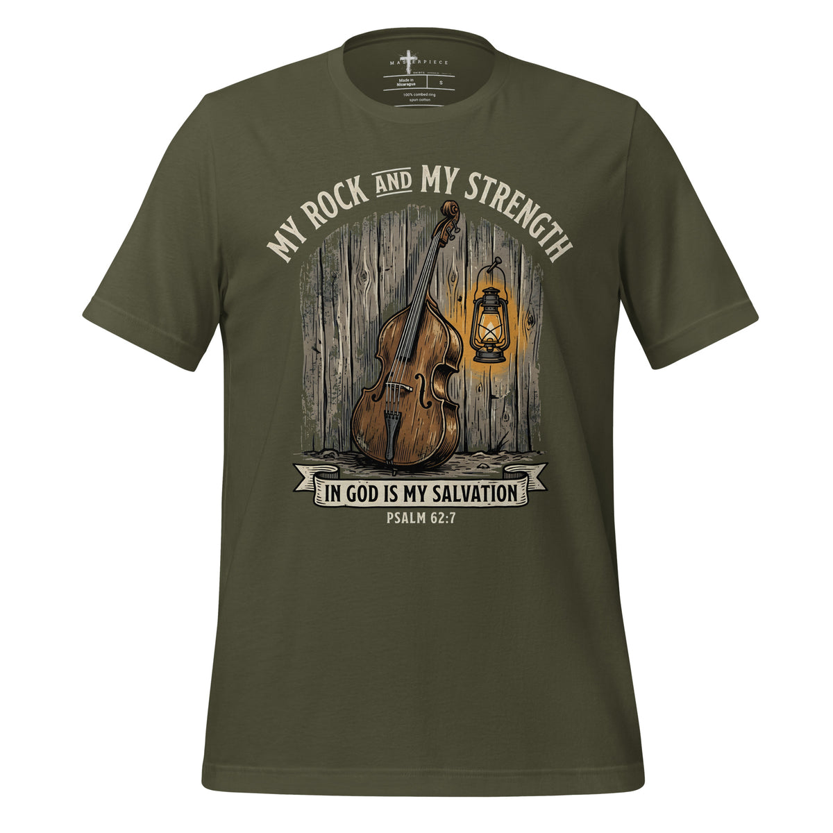 My Rock and Strength Is God Psalm 62:7 Christian T-Shirt Stand Up Bass ...