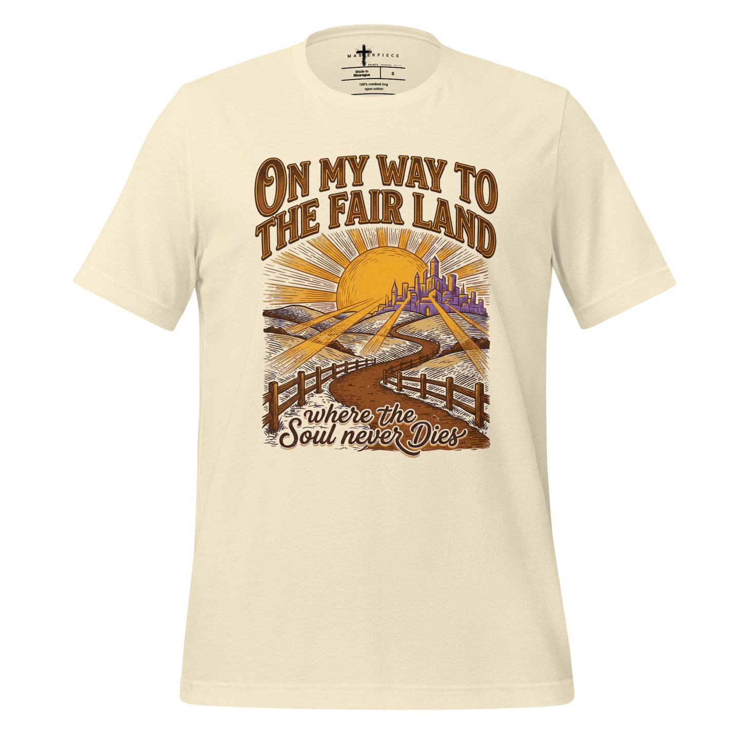 on My way to the Fair Land where the soul never dies Christian T-shirt celebrating the beloved bluegrass gospel classic.
