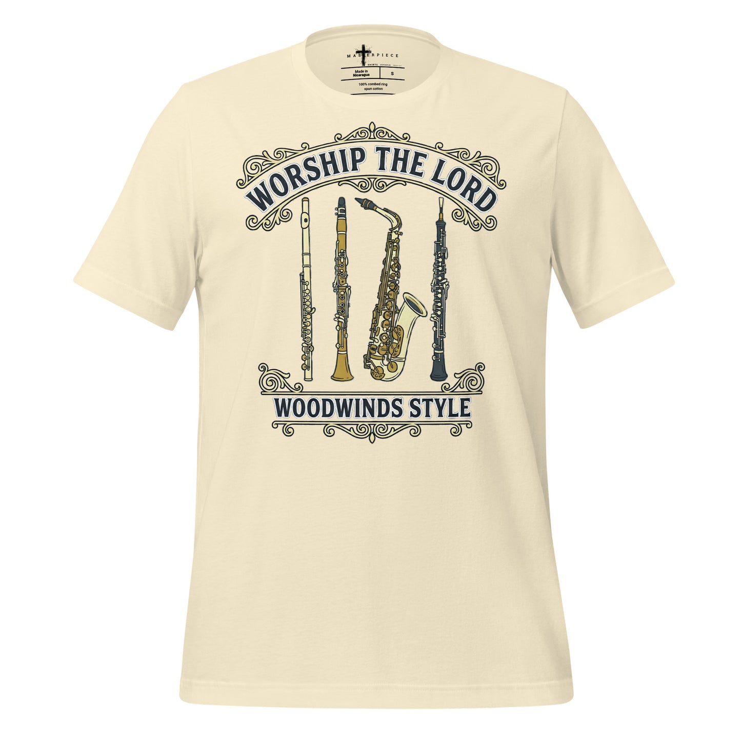 Worship the Lord Woodwinds Style Christian T-shirt celebrating clarinet, flute, saxophone and oboe players.