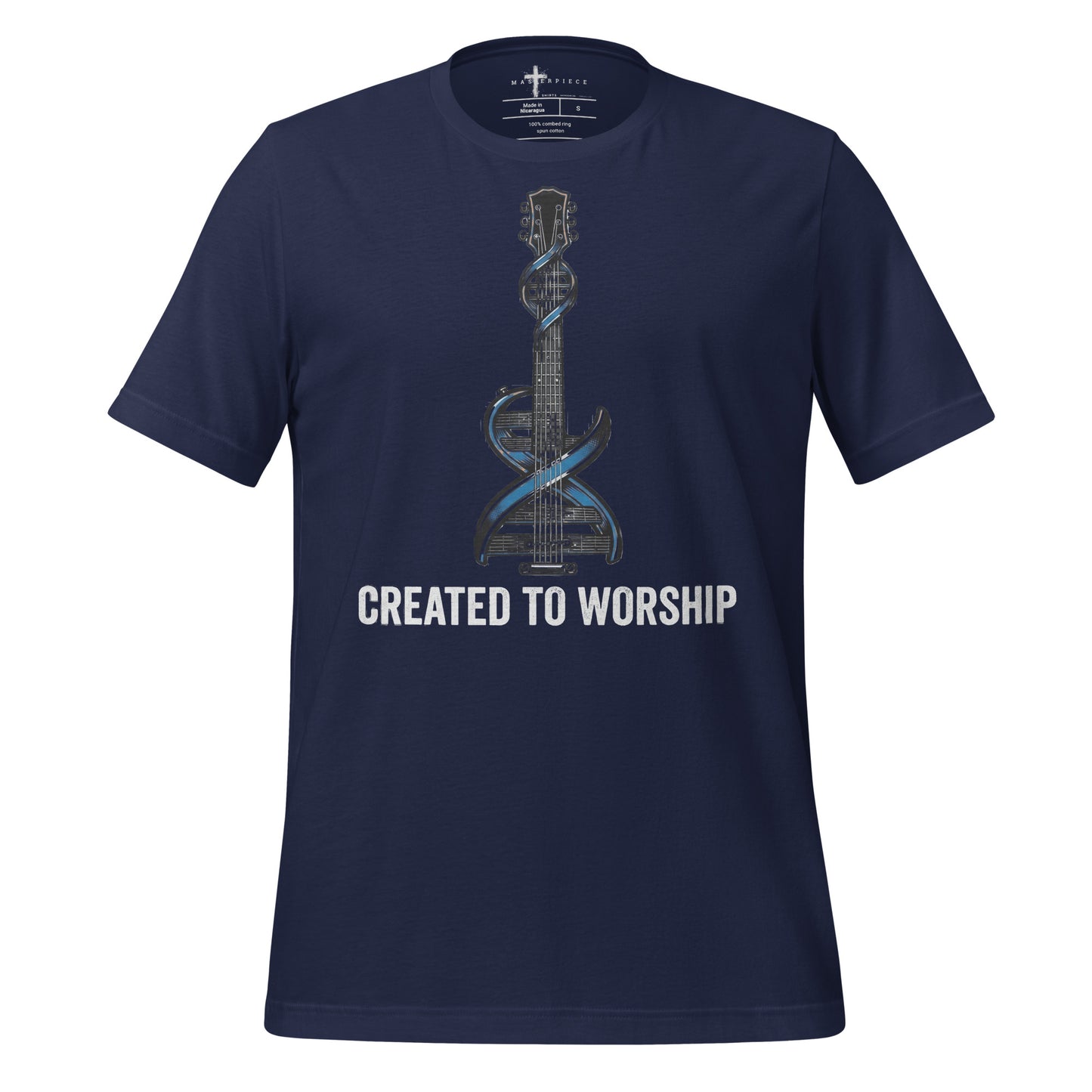  Created to Worship Christian T-shirt featuring electric guitar and DNA symbolism