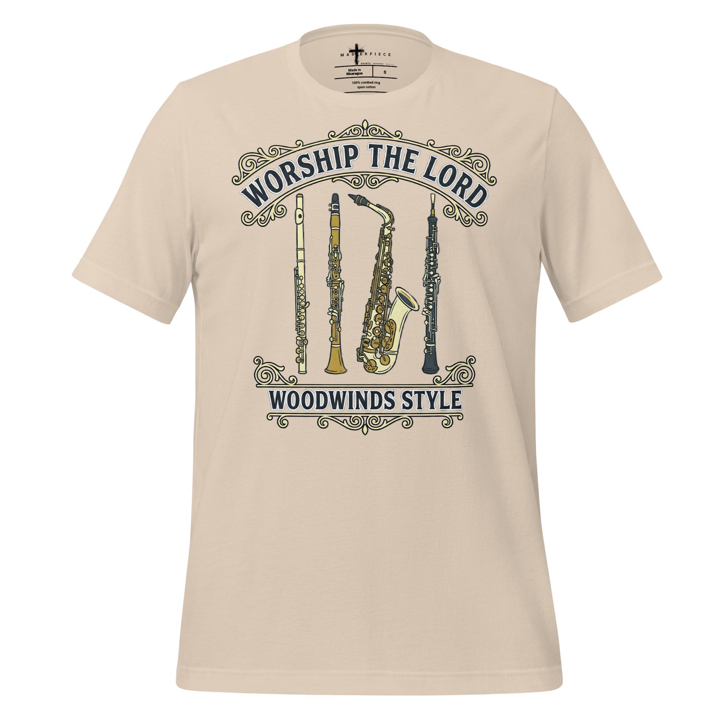 Worship the Lord Woodwinds Style Christian T-shirt celebrating clarinet, flute, saxophone and oboe players.
