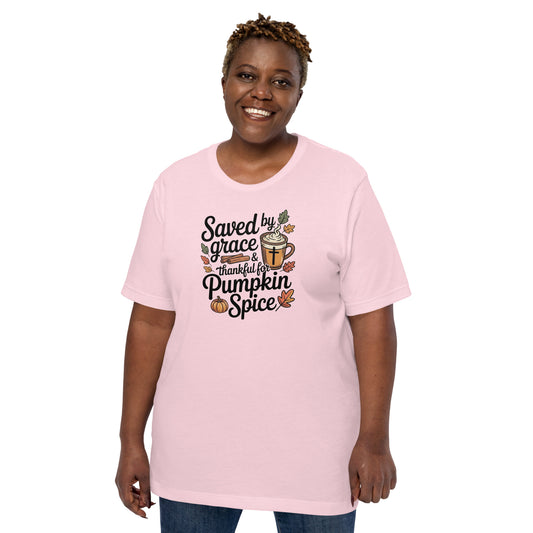 Saved by Grace Thankful Pumpkin Spice Ladies Christian T-shirt 