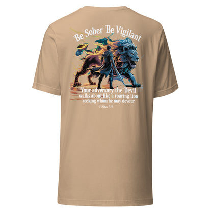 Be Sober Be Vigilant Lion (Back)  Christian Bible Verse T-Shirt