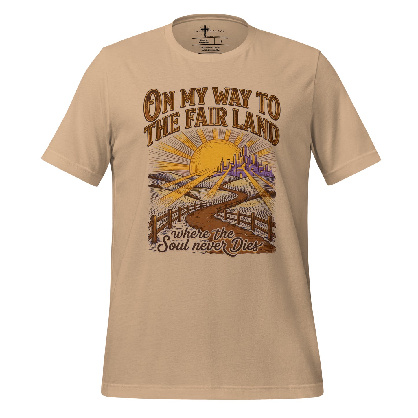 on My way to the Fair Land where the soul never dies Christian T-shirt celebrating the beloved bluegrass gospel classic.