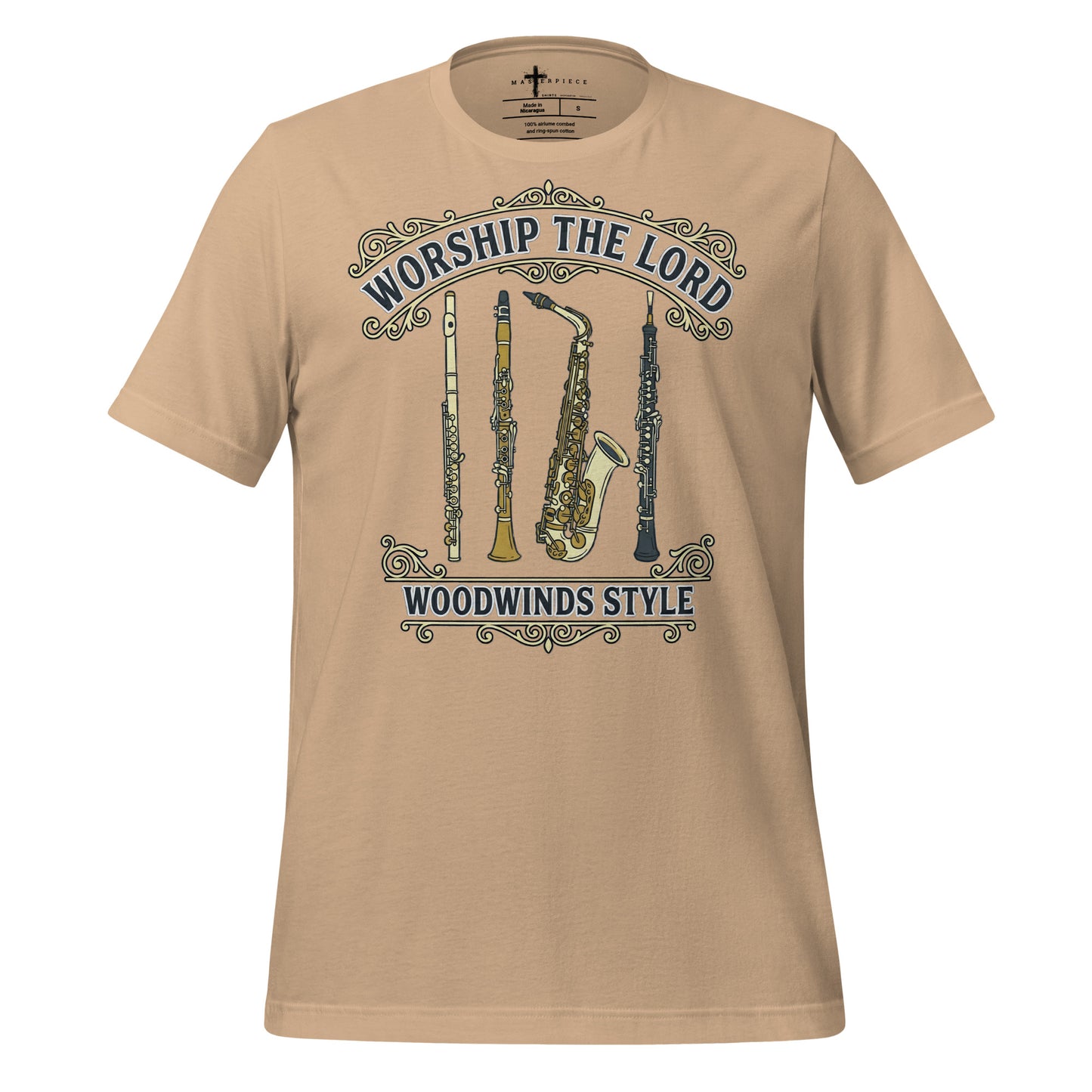 Worship the Lord Woodwinds Style Christian T-shirt celebrating clarinet, flute, saxophone and oboe players.
