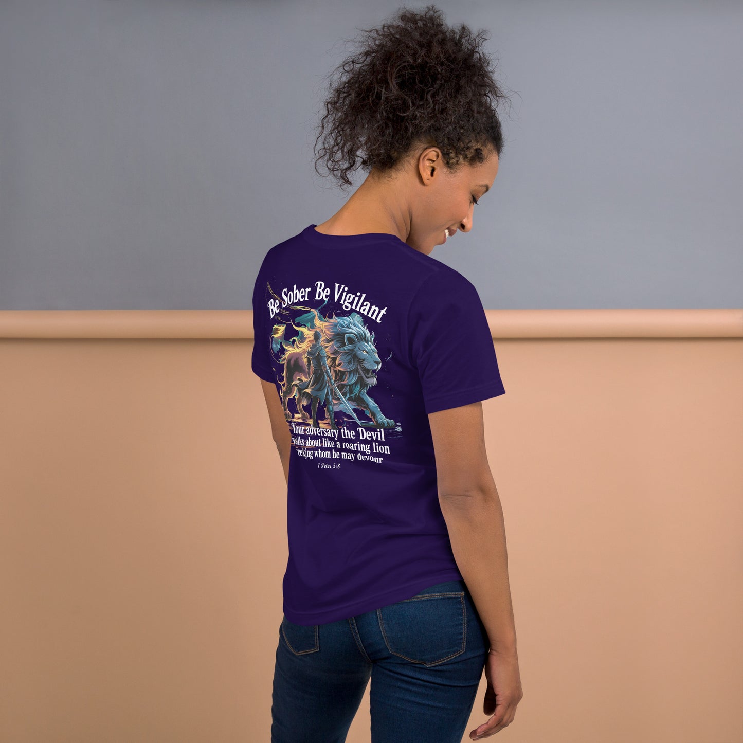 Be Sober Be Vigilant Lion (Back)  Christian Bible Verse T-Shirt