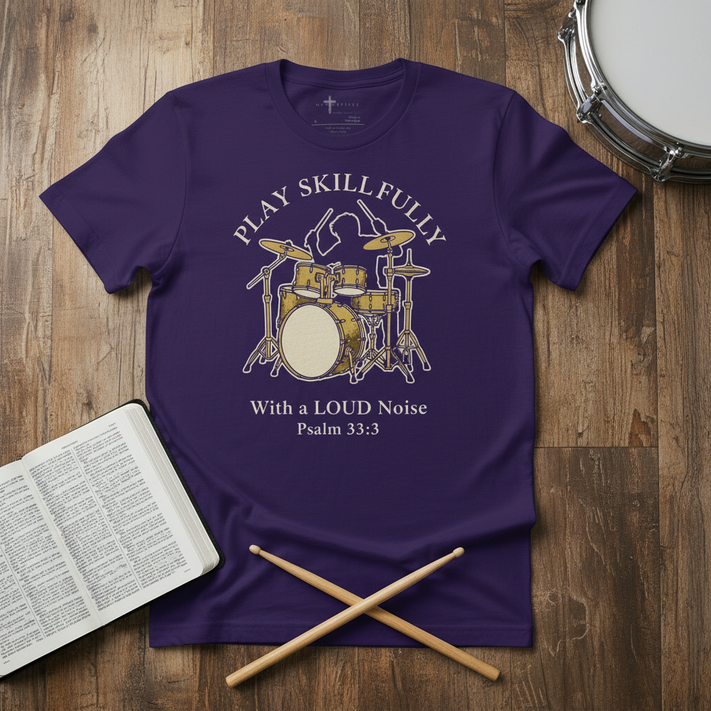 Sing unto him a new song; play skilfully with a loud noise." - Psalm 33:3 christian drum t-shirt
